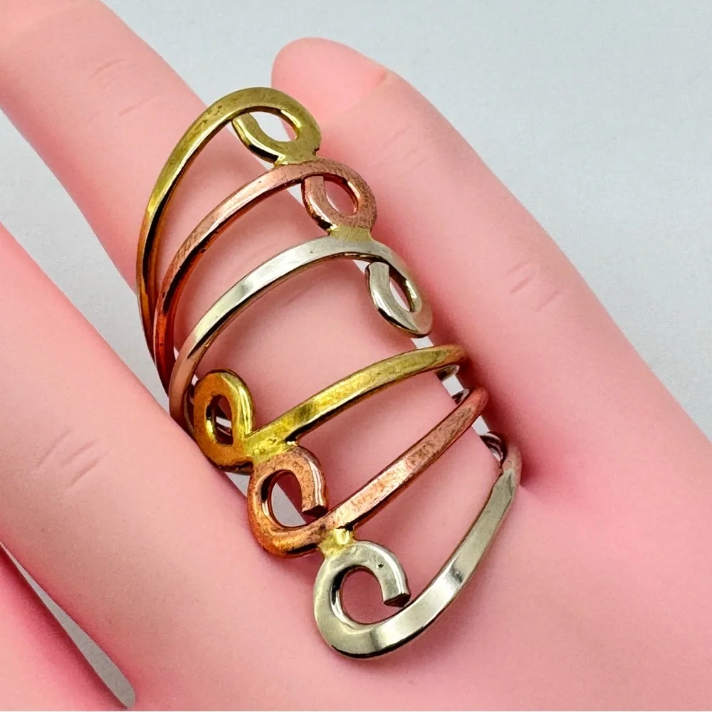 Vintage Mexico Tri Tone Silver Gold Rose Gold Overlay Swirl Statement Ring